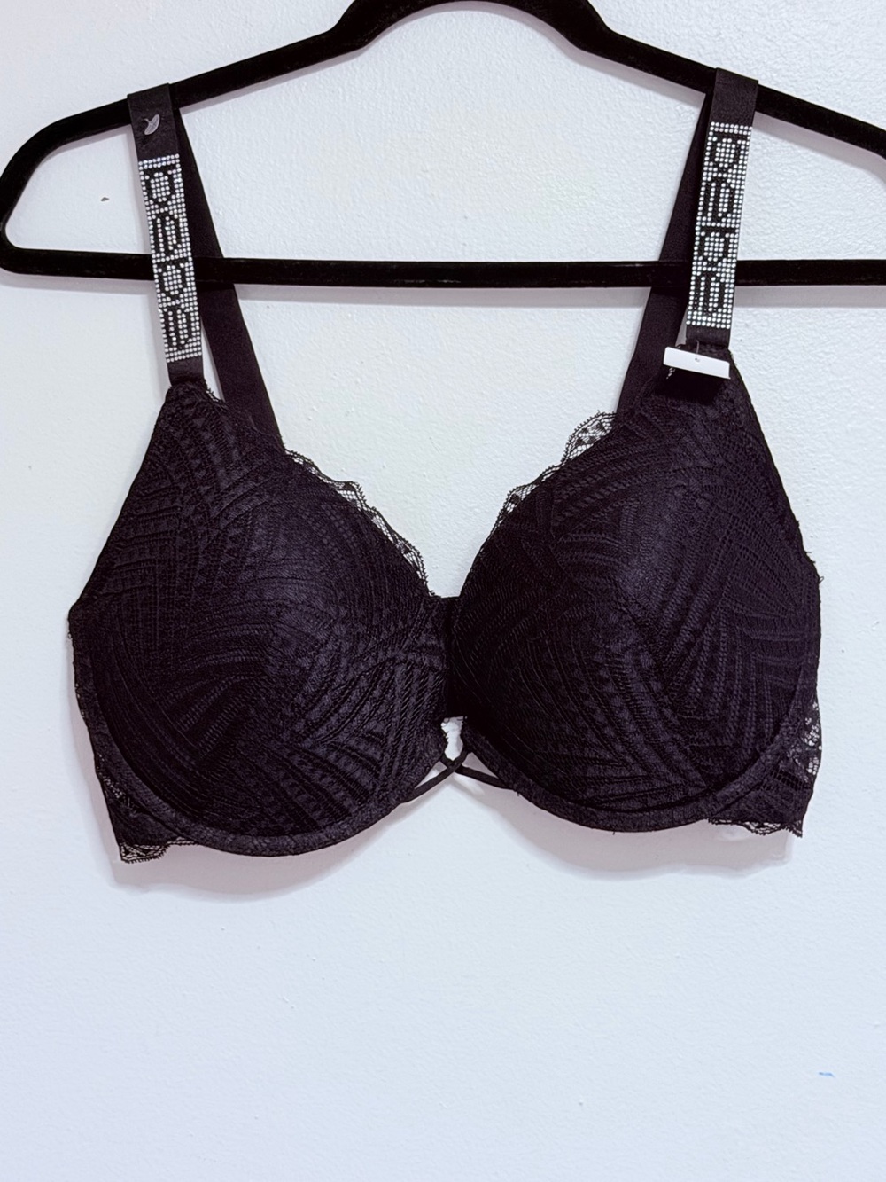 BEBE Black Lace 38DD Bra with Embellished Straps New with tags!